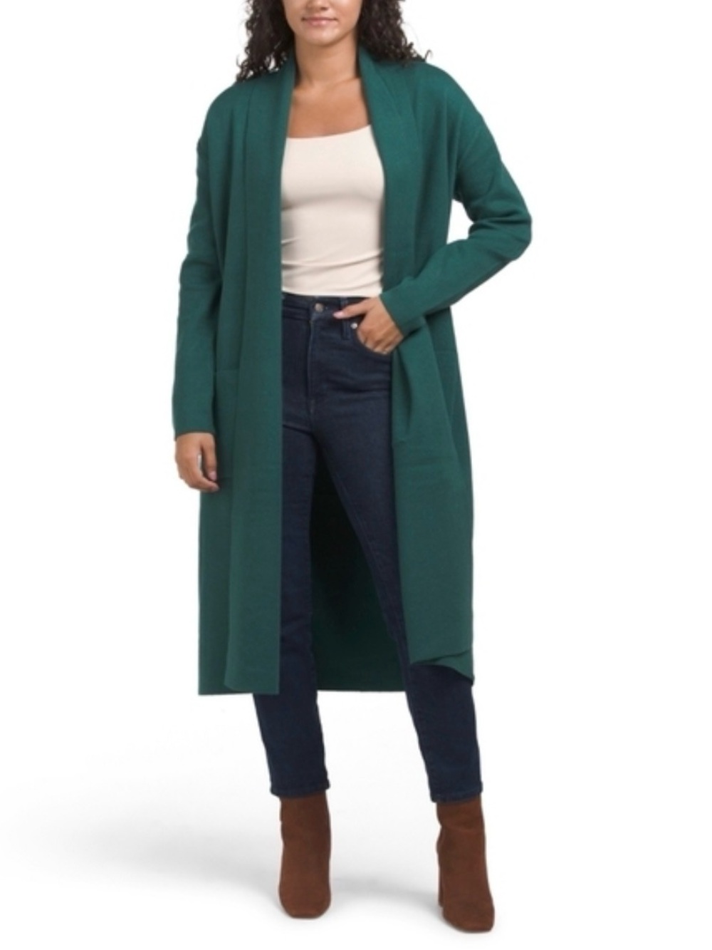 MAX SPORT Tight-Knit Long Maxi Open-Front Cardigan Sweater Duster Teal Green L